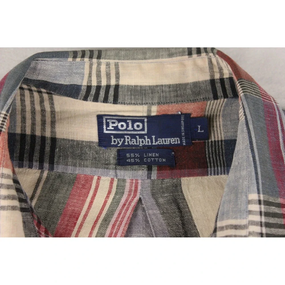 Polo Ralph Lauren Plaid Shirt Mens Large‎ Linen Cotton Button Up Red Blue